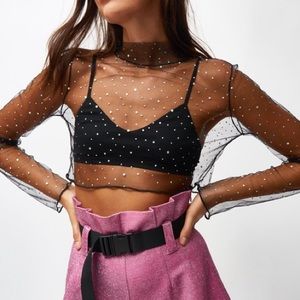 Jaded London Mesh Diamante Sequin Long Sleeve Crop
